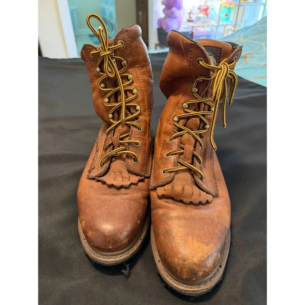 Georgia Boot Brown Leather Logger Work Boots Lace Up Kiltie Mens Vintage